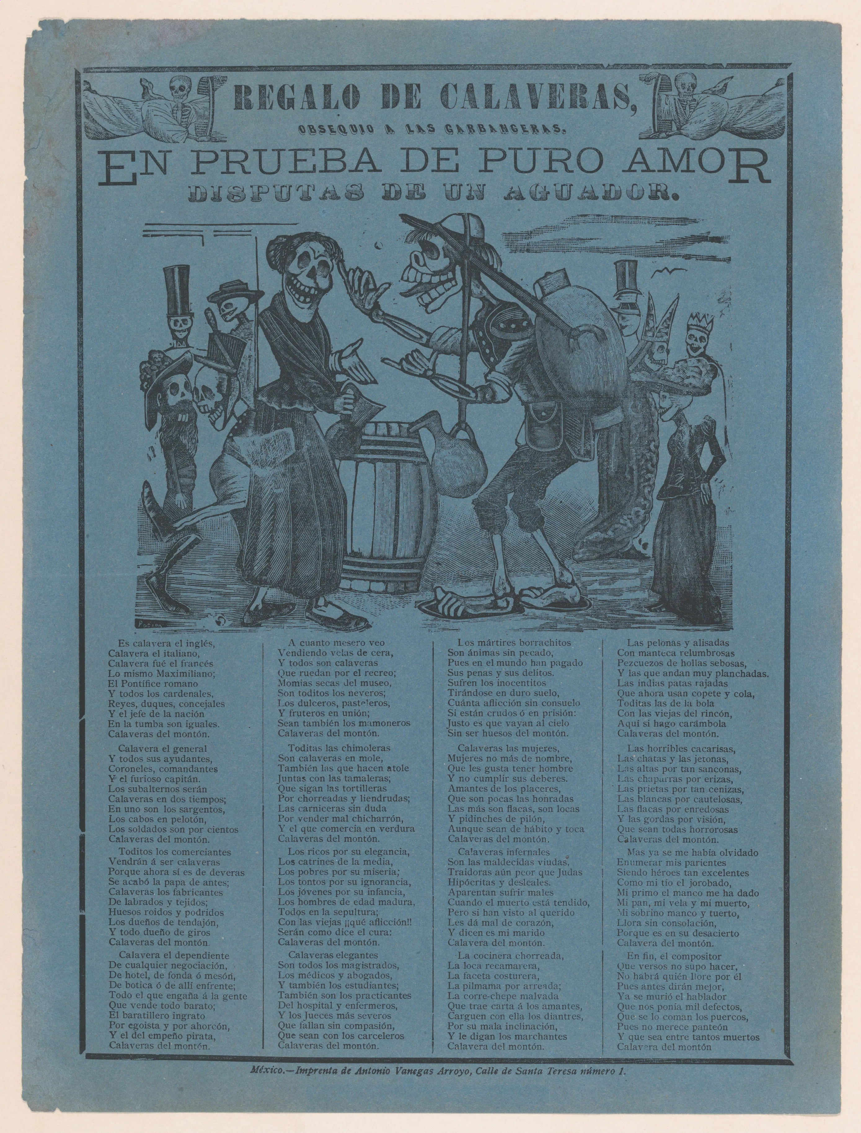 In proof of true love, a watercarrier skeleton arguing with a woman (Posada); two skeleton angels in upper corners (Manilla), José Guadalupe Posada, ca. 1890–96
