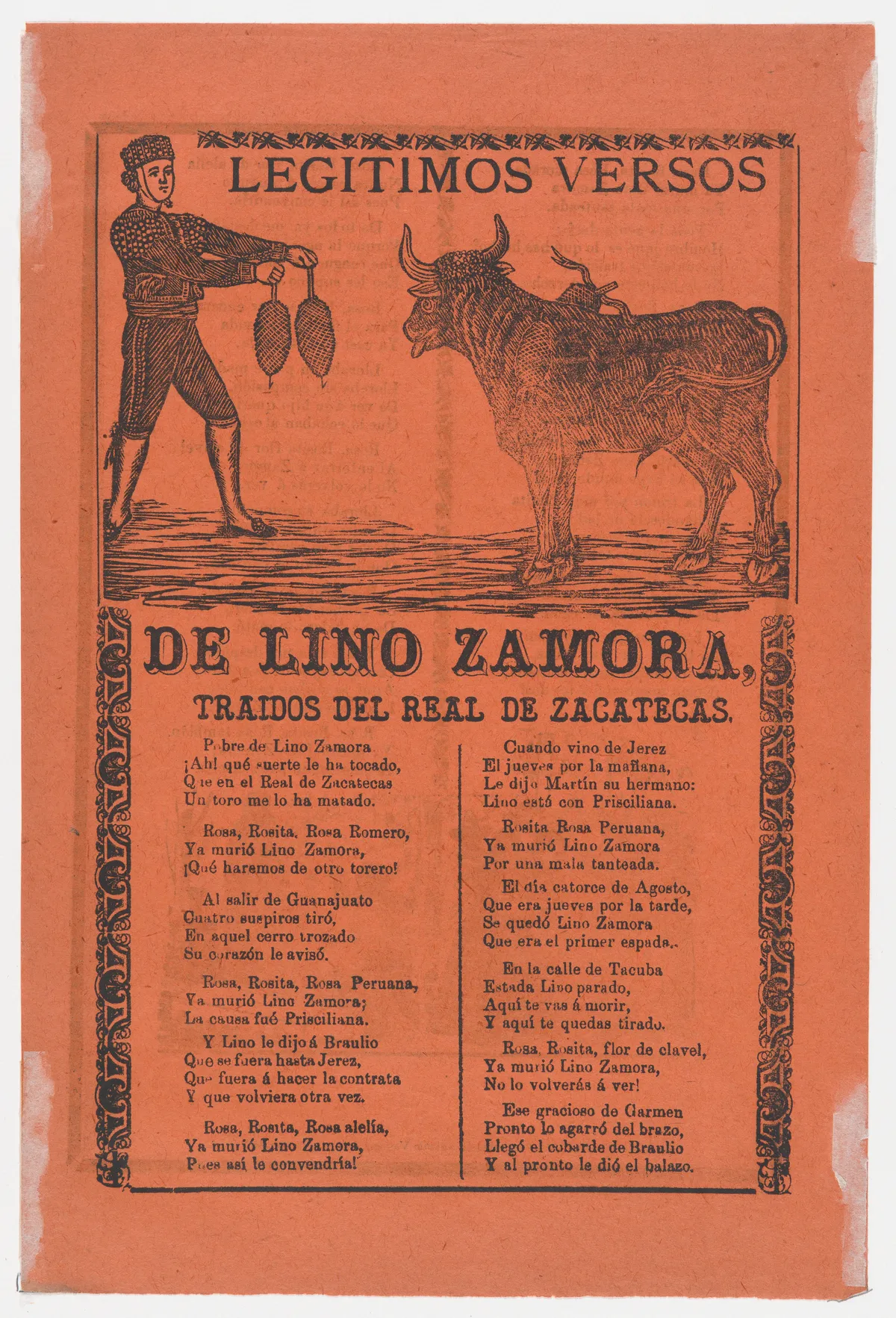 Broadside (recto) true verses about Lino Zamora from Real de Zacatecas (image of banderillero and bull by Manilla), and a funeral scene on verso (possibly by Posada), Manuel Manilla, 1902 (published)