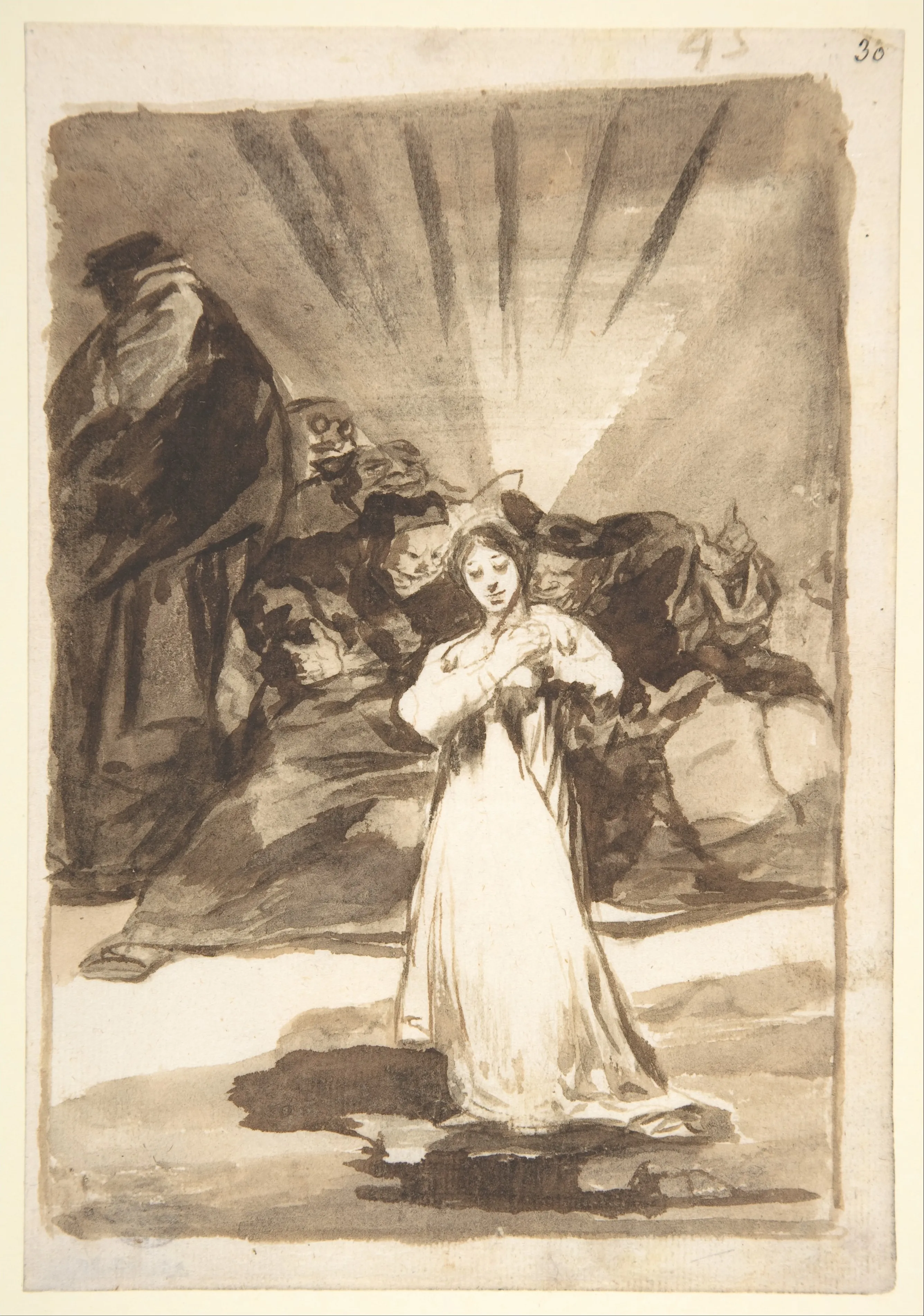 A radiant female figure beset by dark spirits; page 45 from the "Images of Spain" Album (F), Goya (Francisco de Goya y Lucientes), ca. 1812–20